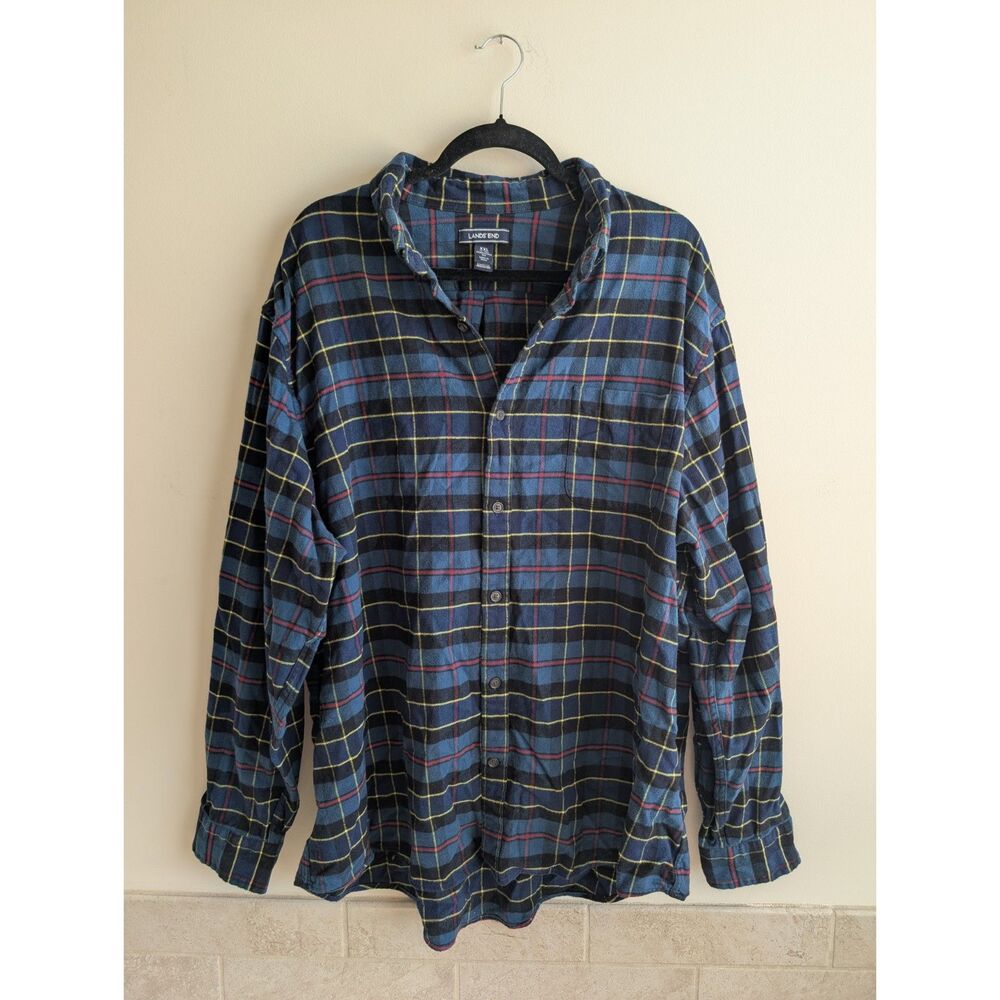 Lands End Men XXL Plaid Flannel Shirt Blue Red Black 100% Cotton Traditional Fit